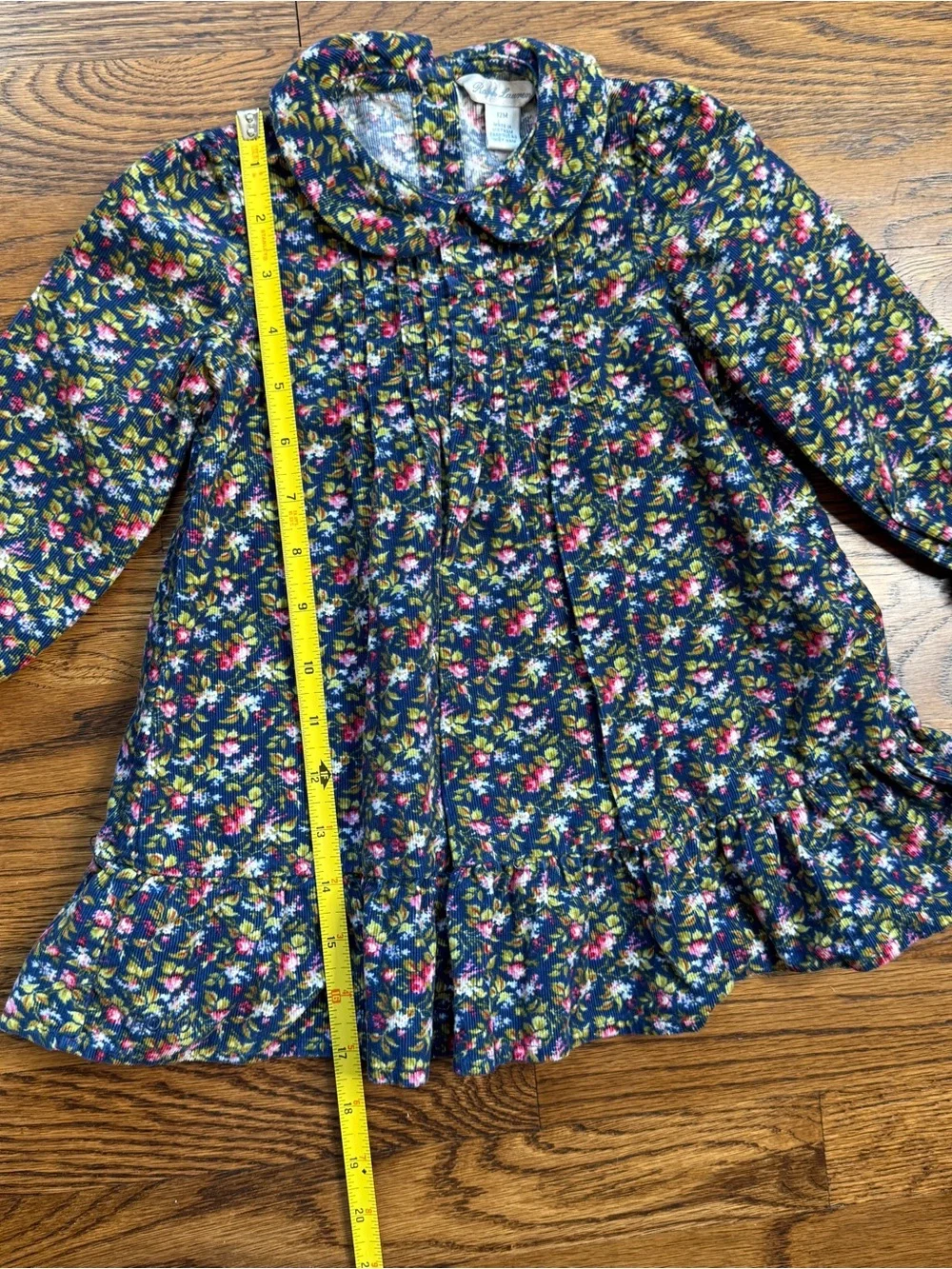 Ralph Lauren Girls Navy Calico Floral Ruffled Hem Corduroy Long Sleeve Dress 12M